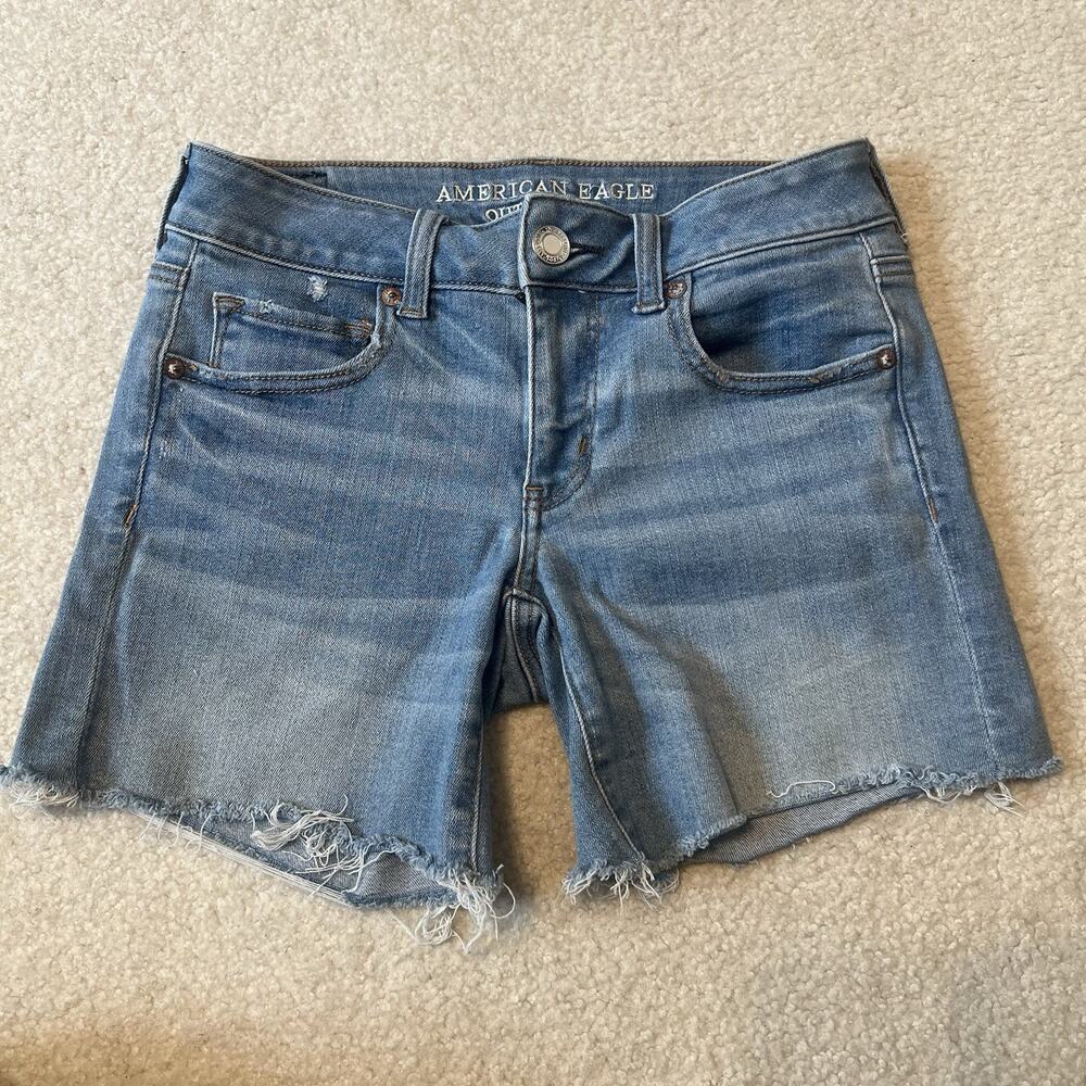 American Eagle Super Super Stretch Denim Jean Shorts Frayed Hem Light Wash 4 28